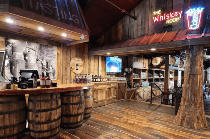 Rustic whiskey tasting room at Full Throttle Distillery offering fun for the whole family
