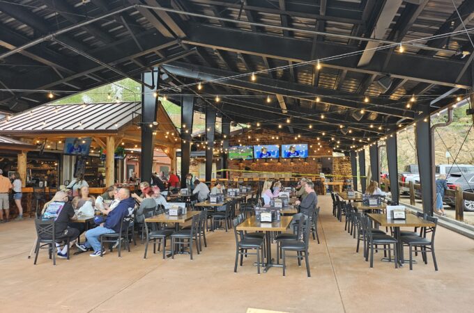 Outdoor patio event space at Full Throttle Distillery, ideal for a casual event in Estes Park.