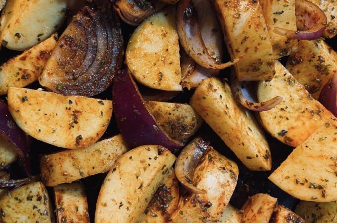 Roasted potatoes and red onions with delicious BBQ seasonings for a smoked flavor.