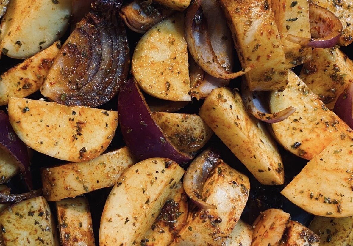 Roasted potatoes and red onions with delicious BBQ seasonings for a smoked flavor.