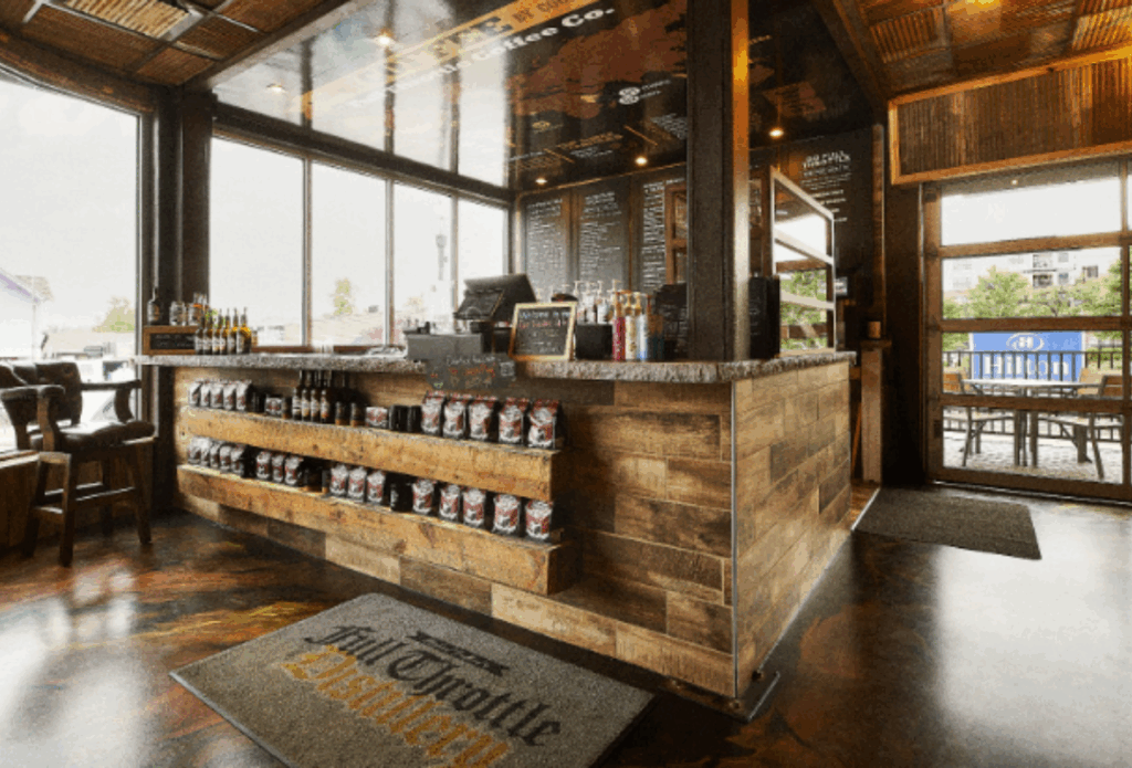 The coffee bar and retail area at Full Throttle Distillery, offering a different idea for a date night in Branson.