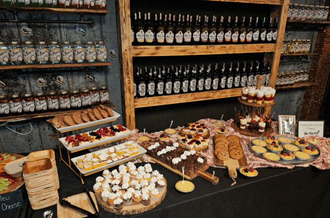 A dessert and appetizer buffet catering spread from a Fall in Estes Park event.
