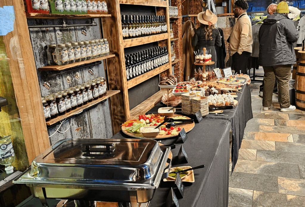 An indoor buffet spread with various appetizers and desserts, showcasing catering options for events during Fall in Estes Park.