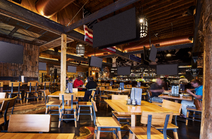 Rustic, high-energy dining room at Full Throttle Distillery, the perfect setting for the Best Breakfast in Branson.