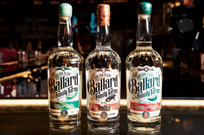 Three bottles of Ballard Family Farms Vodka—Pickle, Clear, and Jalapeño—displaying the Best Vodka in Deadwood.