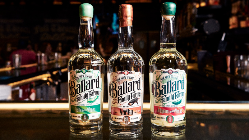 Three bottles of Ballard Family Farms Vodka—Pickle, Clear, and Jalapeño—displaying the Best Vodka in Deadwood.