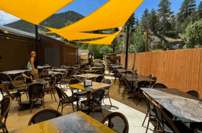 Covered outdoor patio event space at Full Throttle Distillery, ideal for guests attending a Plan Your Wedding at Estes Park celebration.