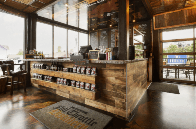 Front counter and merchandise display at Full Throttle Distillery, welcoming guests for Dinner in Downtown Branson.