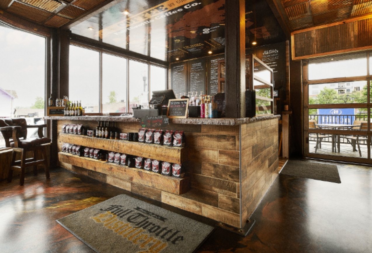 Front counter and merchandise display at Full Throttle Distillery, welcoming guests for Dinner in Downtown Branson.