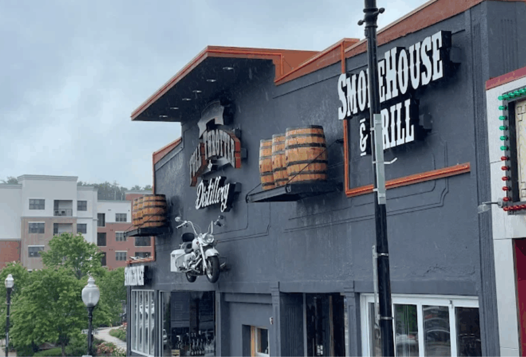 The exterior of Full Throttle Distillery in Branson MO featuring BBQ and holiday appetizers.