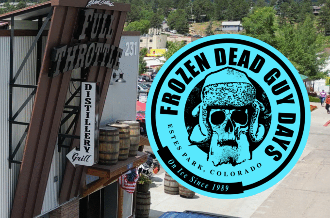 Estest Park location with Frozen Dead Guy Days Festival logo.