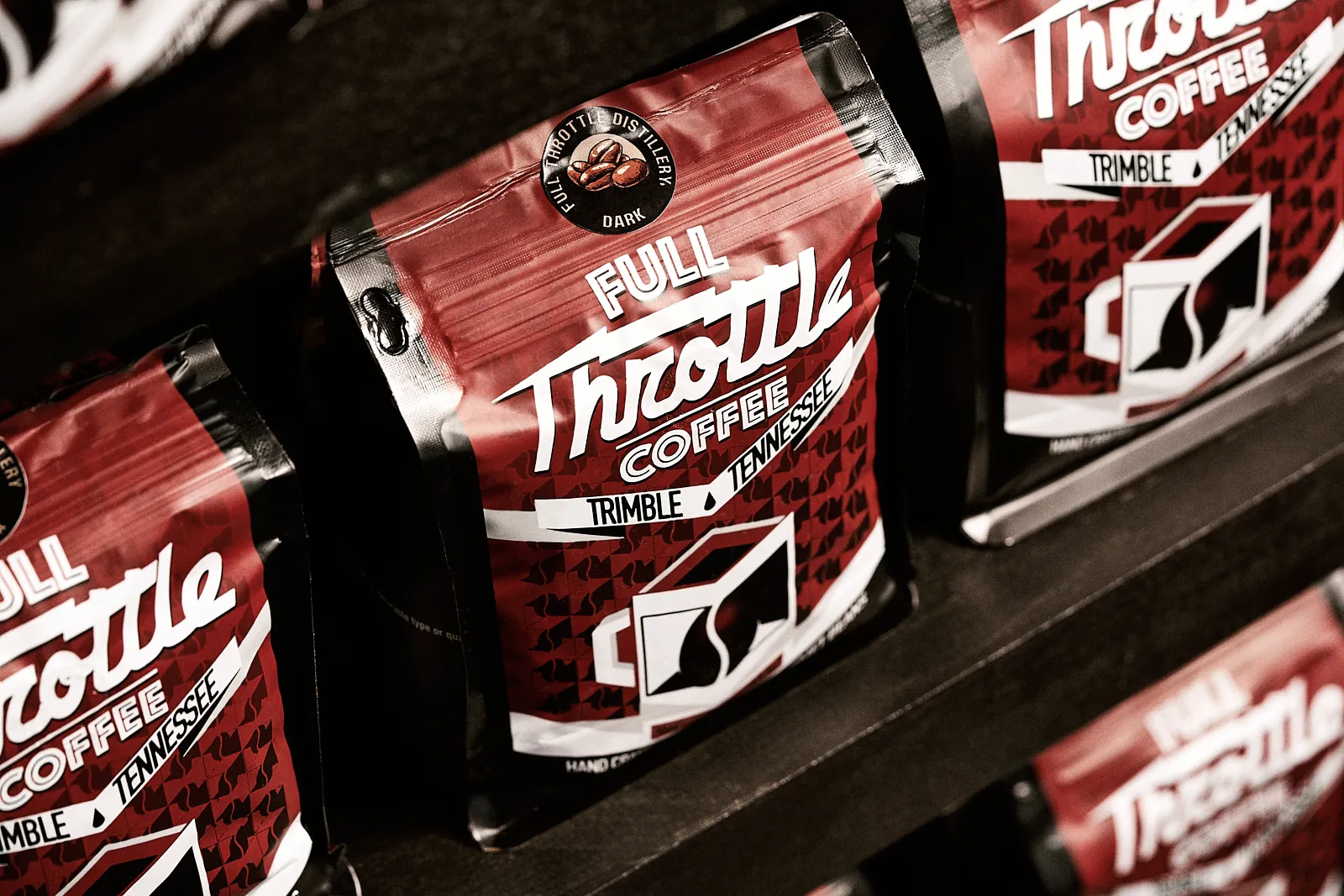 Bags of Full Throttle Coffee on display featuring bold packaging from Trimble, Tennessee