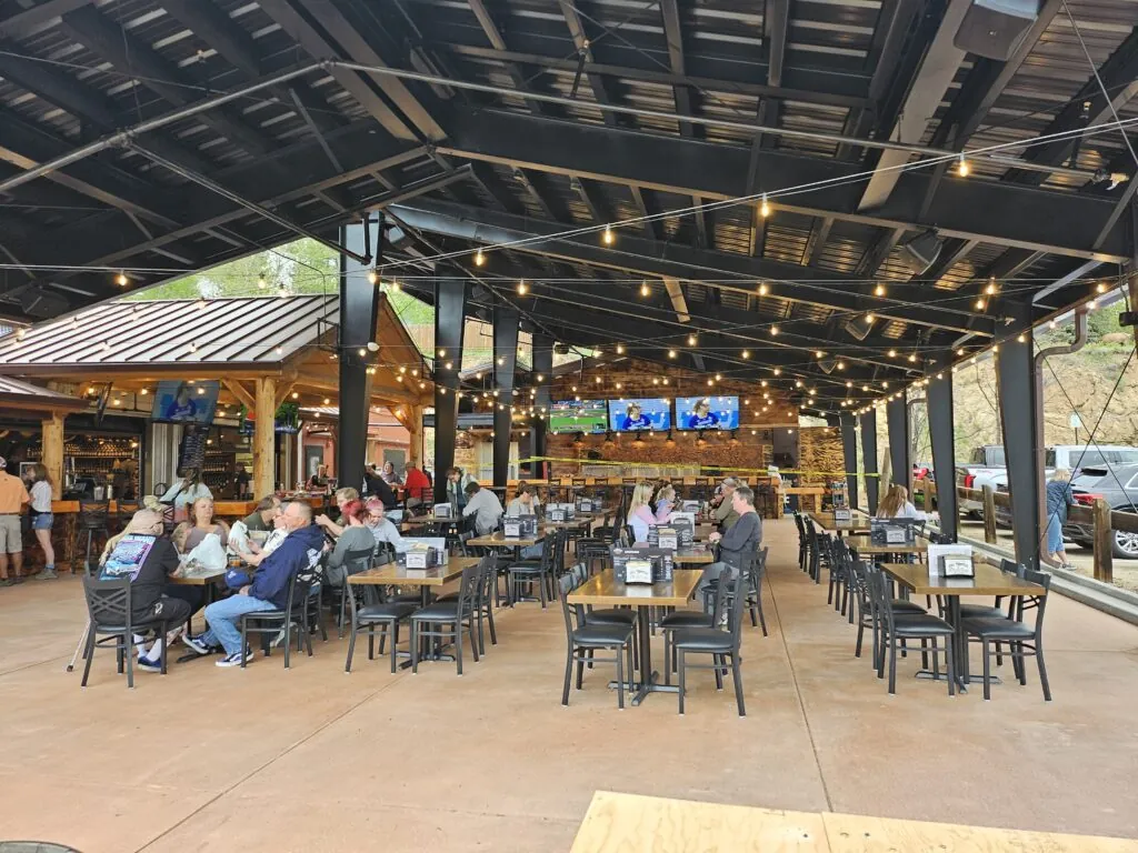 Outdoor patio event space at Full Throttle Distillery, ideal for a casual event in Estes Park.