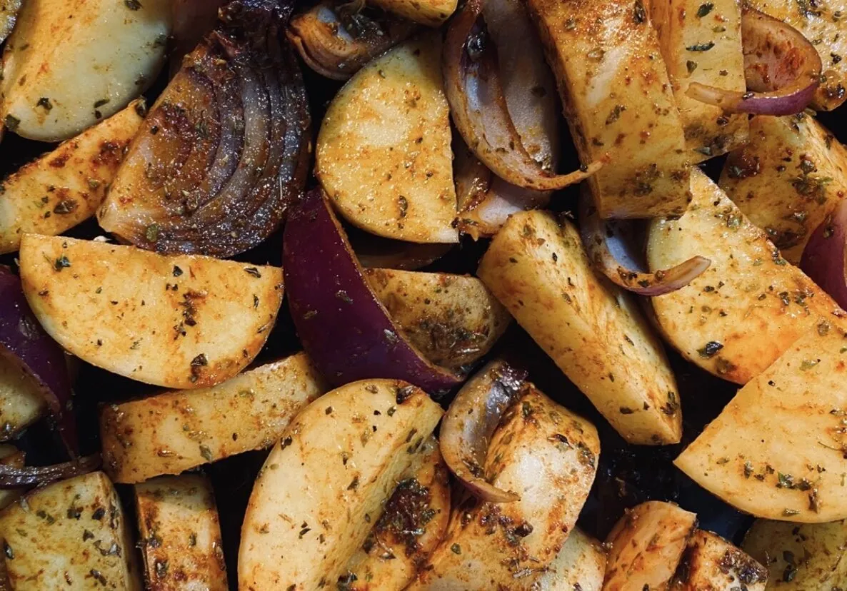 Roasted potatoes and red onions with delicious BBQ seasonings for a smoked flavor.
