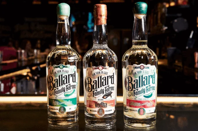 Three bottles of Ballard Family Farms Vodka—Pickle, Clear, and Jalapeño—displaying the Best Vodka in Deadwood.