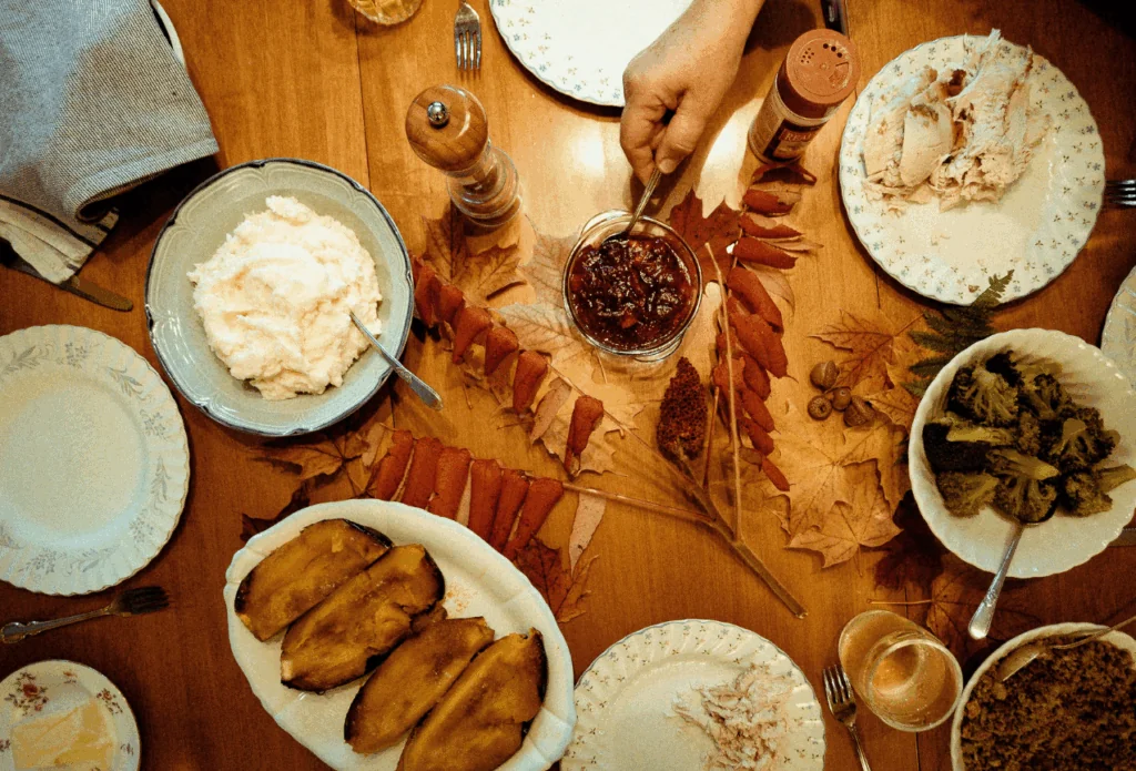 Thanksgiving table spread with classic holiday sides at Full Throttle Distillery & Grill This Thanksgiving.