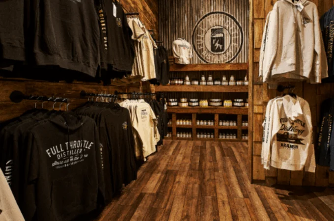 Full Throttle Distillery whiskey and branded merchandise with festive decor, perfect as gift ideas for the holidays.
