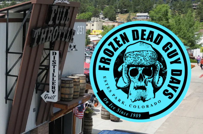 Estest Park location with Frozen Dead Guy Days Festival logo.